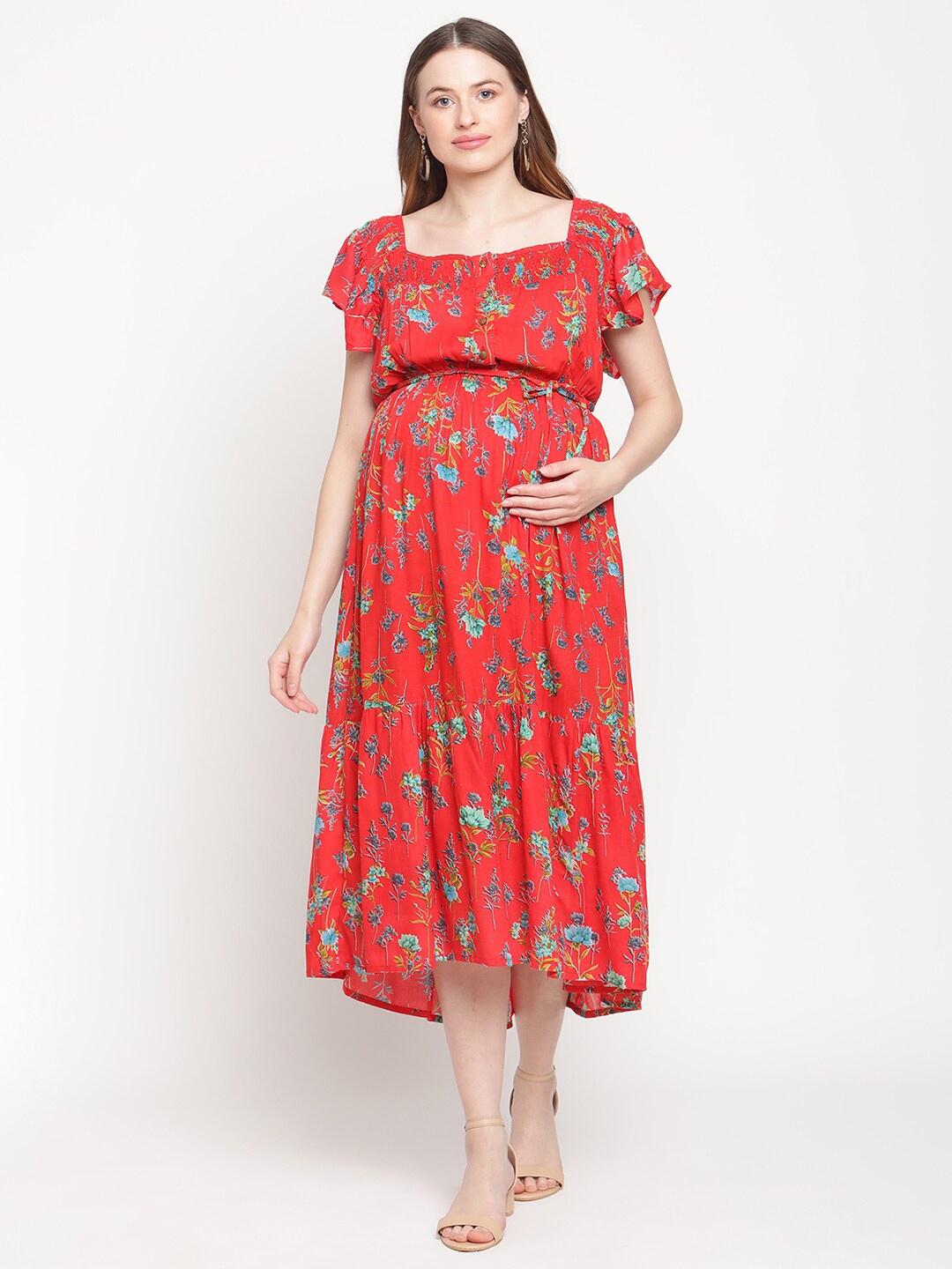 Buy Moms Maternity Red Floral Maternity Empire Midi Dress - Dresses for ...