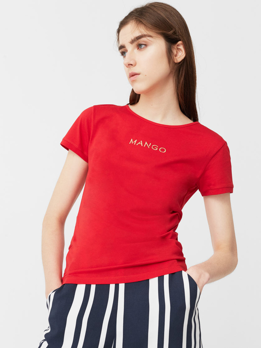 Buy MANGO Women Red Solid Round Neck Pure Cotton T Shirt Tshirts for