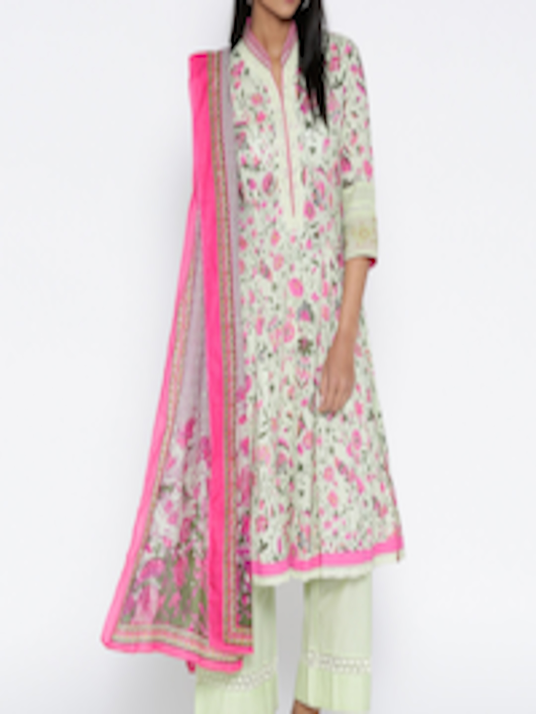 Buy Biba Green & Pink Printed Anarkali Kurta With Palazzos And Dupatta ...