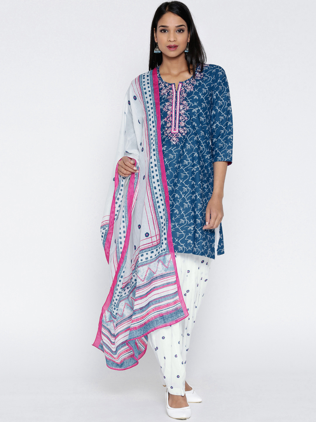 Buy Biba Blue & White Printed Salwar Suit With Dupatta Kurta Sets for