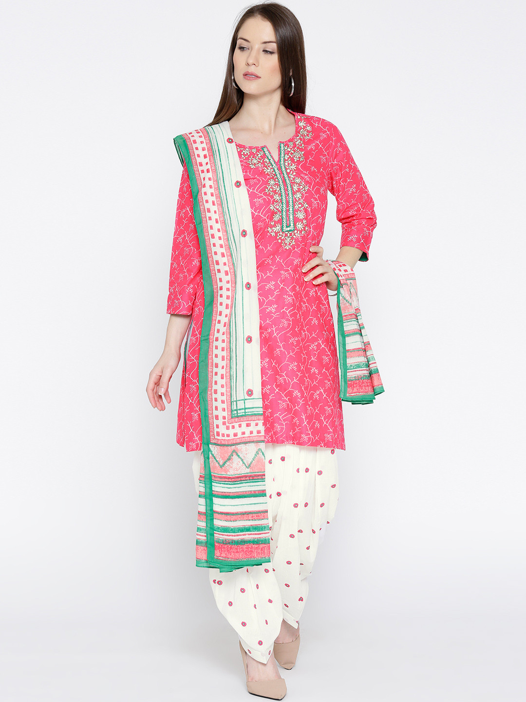 Buy Biba Pink & White Printed Salwar Suit With Dupatta Kurta Sets for