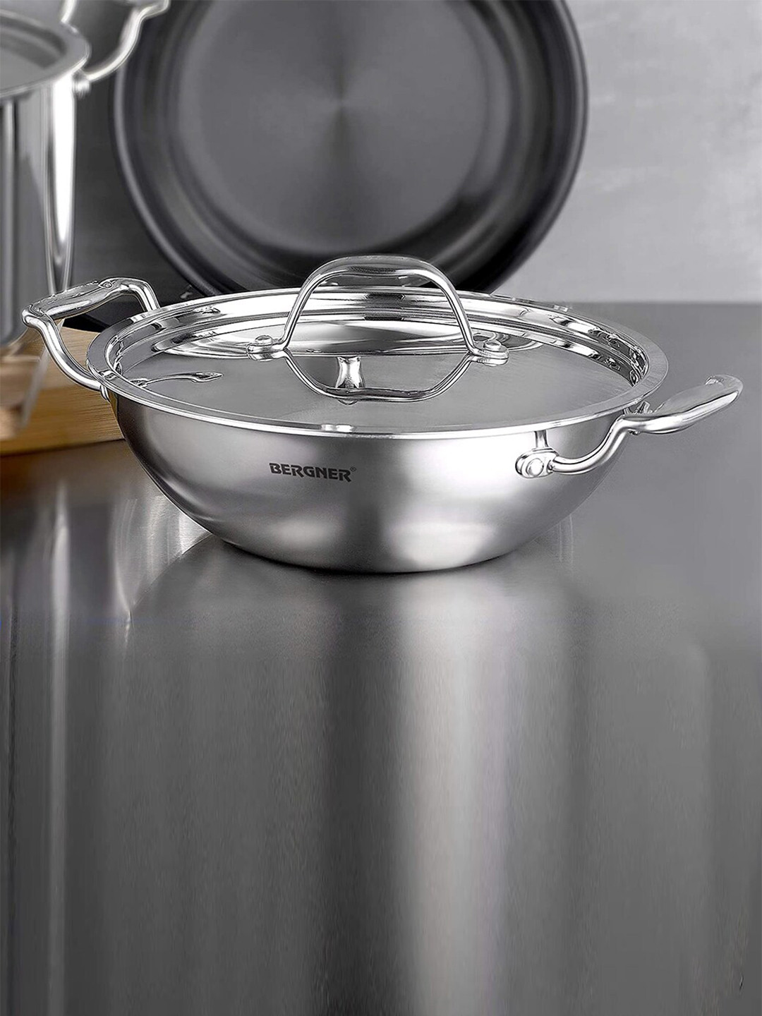 Buy BERGNER Silver Toned Stainless Steel Kadai With Lid - Kadhai And