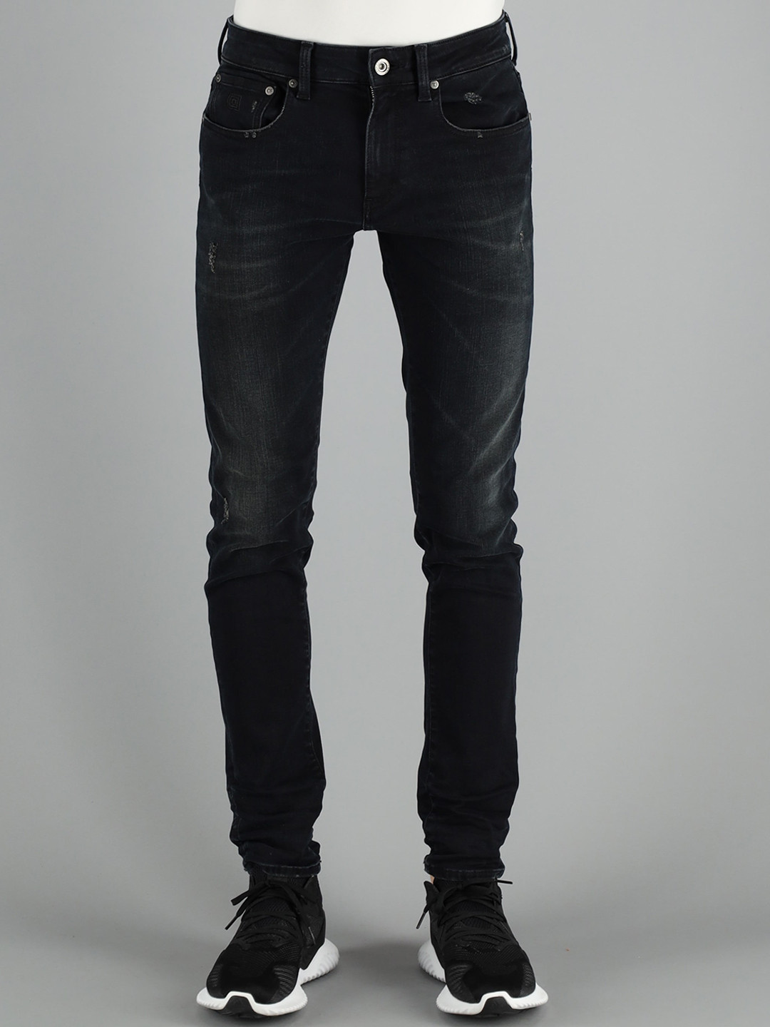 Men's Blue Solid Straight Fit Distressed Light Fade Jeans
