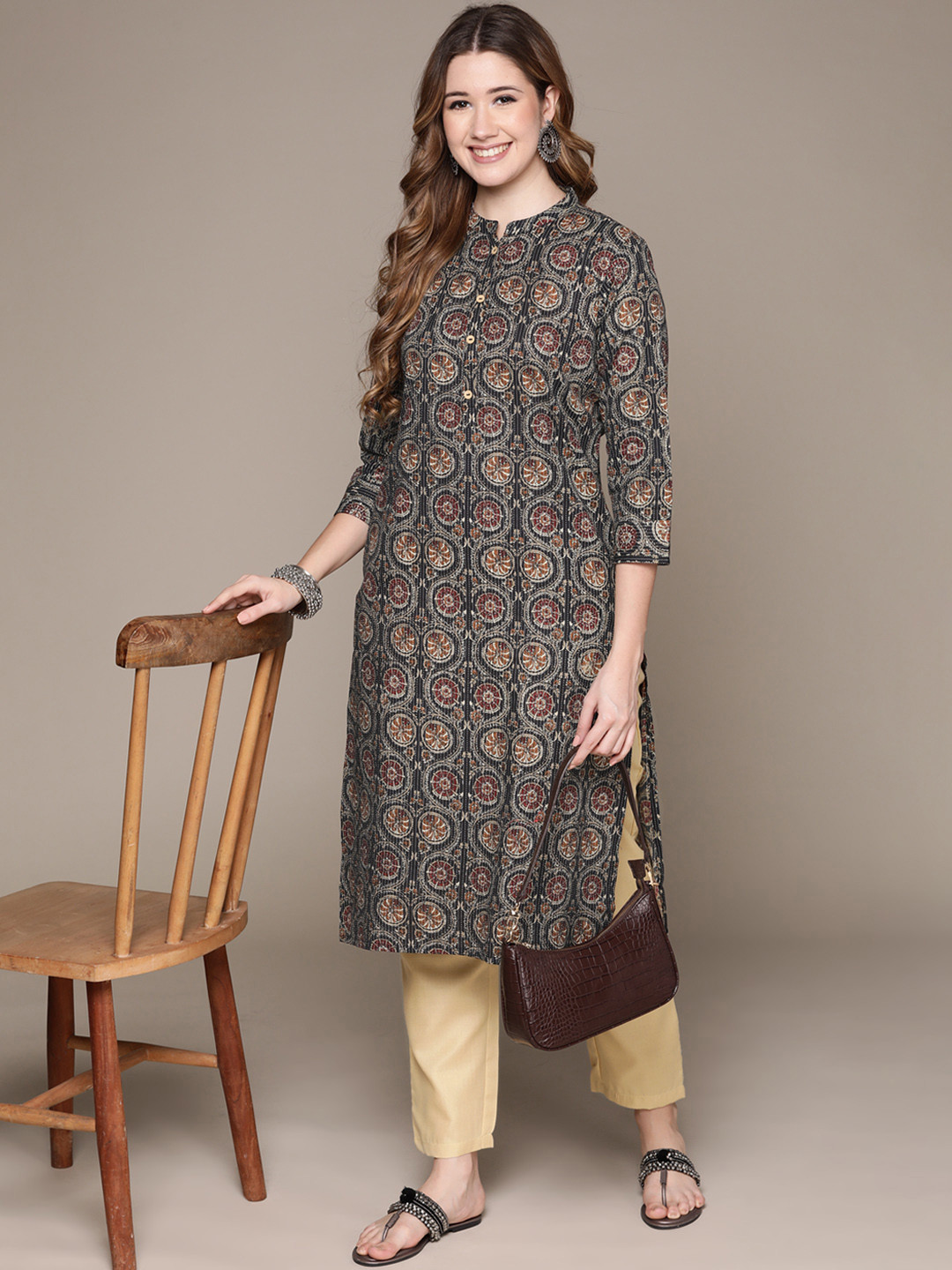 Buy Anubhutee Women Black Ethnic Motifs Printed Pure Cotton Kurta With