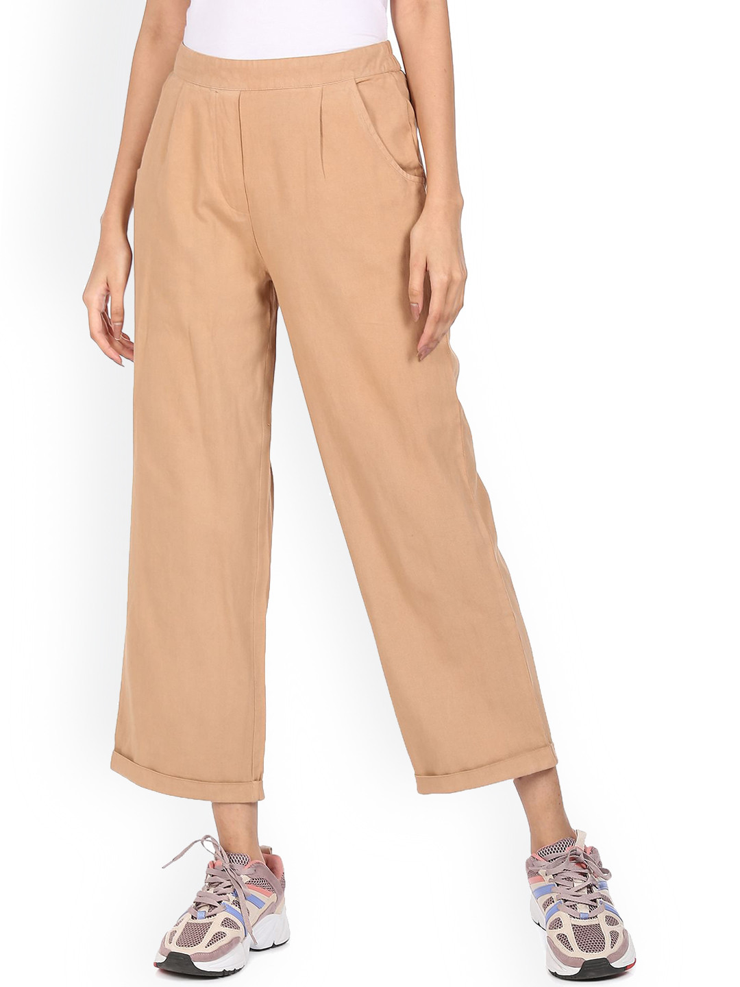 Buy Sugr Women Khaki Pleated Pure Cotton Trousers Trousers for Women