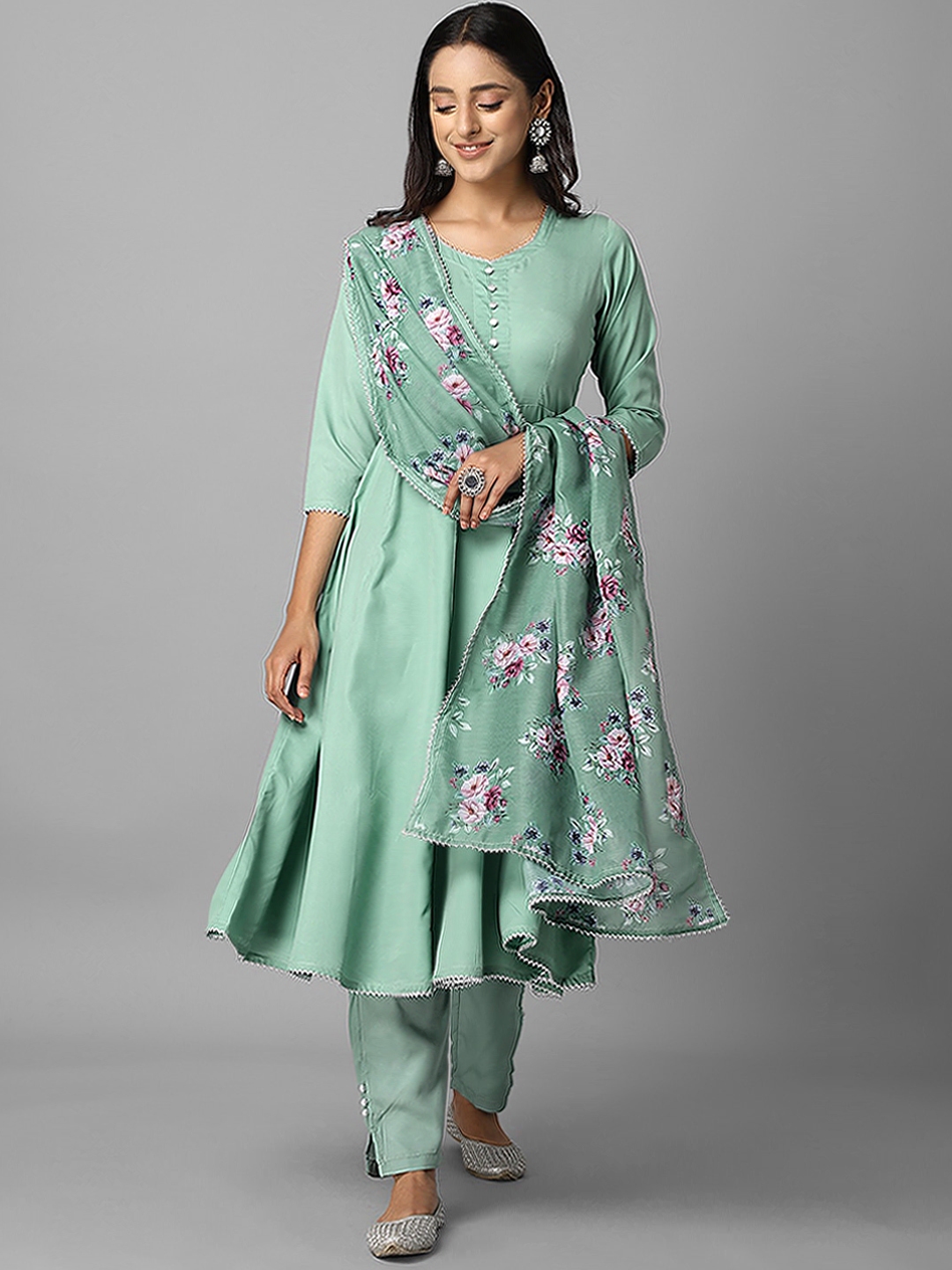 Buy Azira Women Green Angrakha Kurta With Trousers & With Dupatta ...