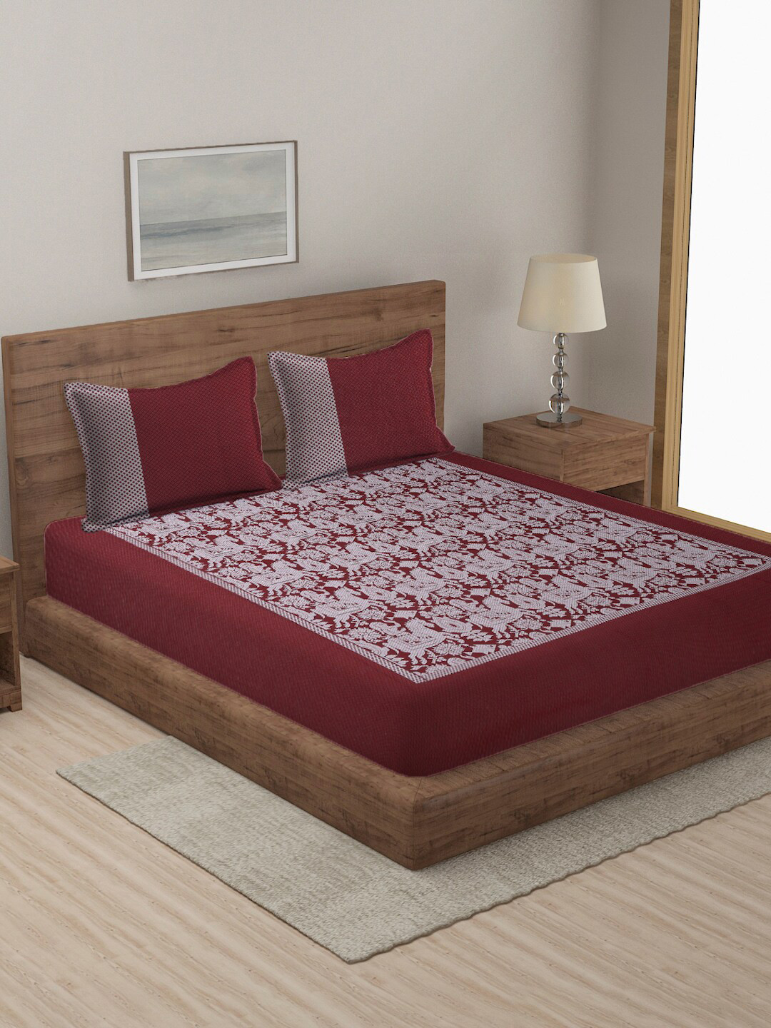 Buy MULTITEX Red Cotton Printed Double King Bed Cover With Pillow Cover