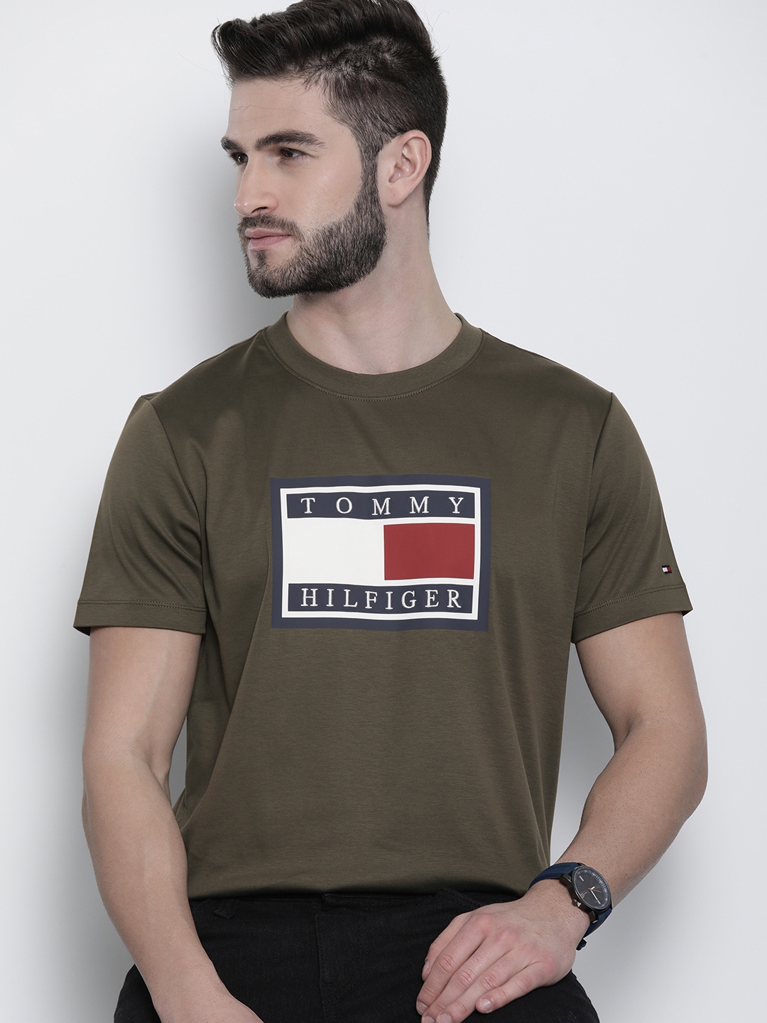 Buy Tommy Hilfiger Men Olive Green Brand Logo Printed T Shirt Tshirts For Men 17418324 Myntra 4602