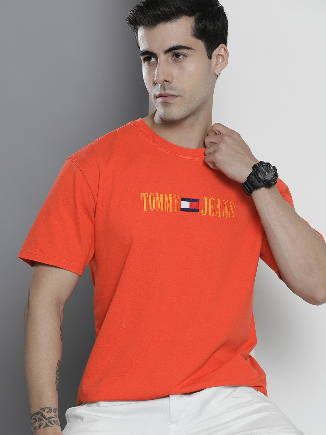 Buy Tommy Hilfiger Men Orange & Yellow Brand Logo Printed Pure Cotton T