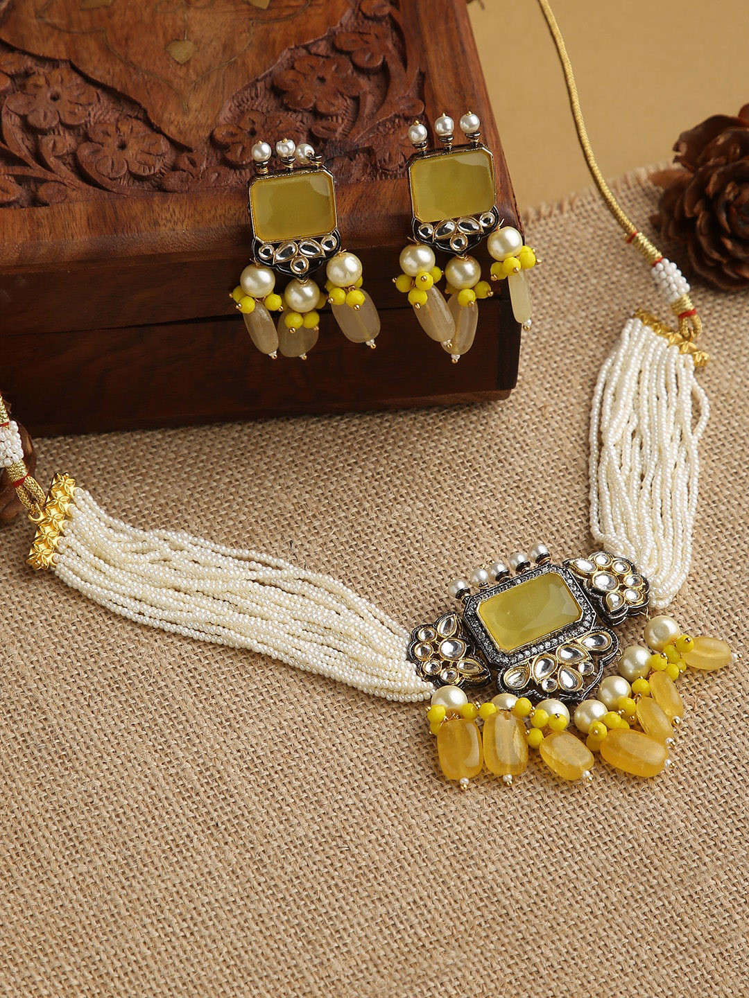 Buy Justpeachy Mustard Yellow & White Stone Studded & Beaded Jewellery