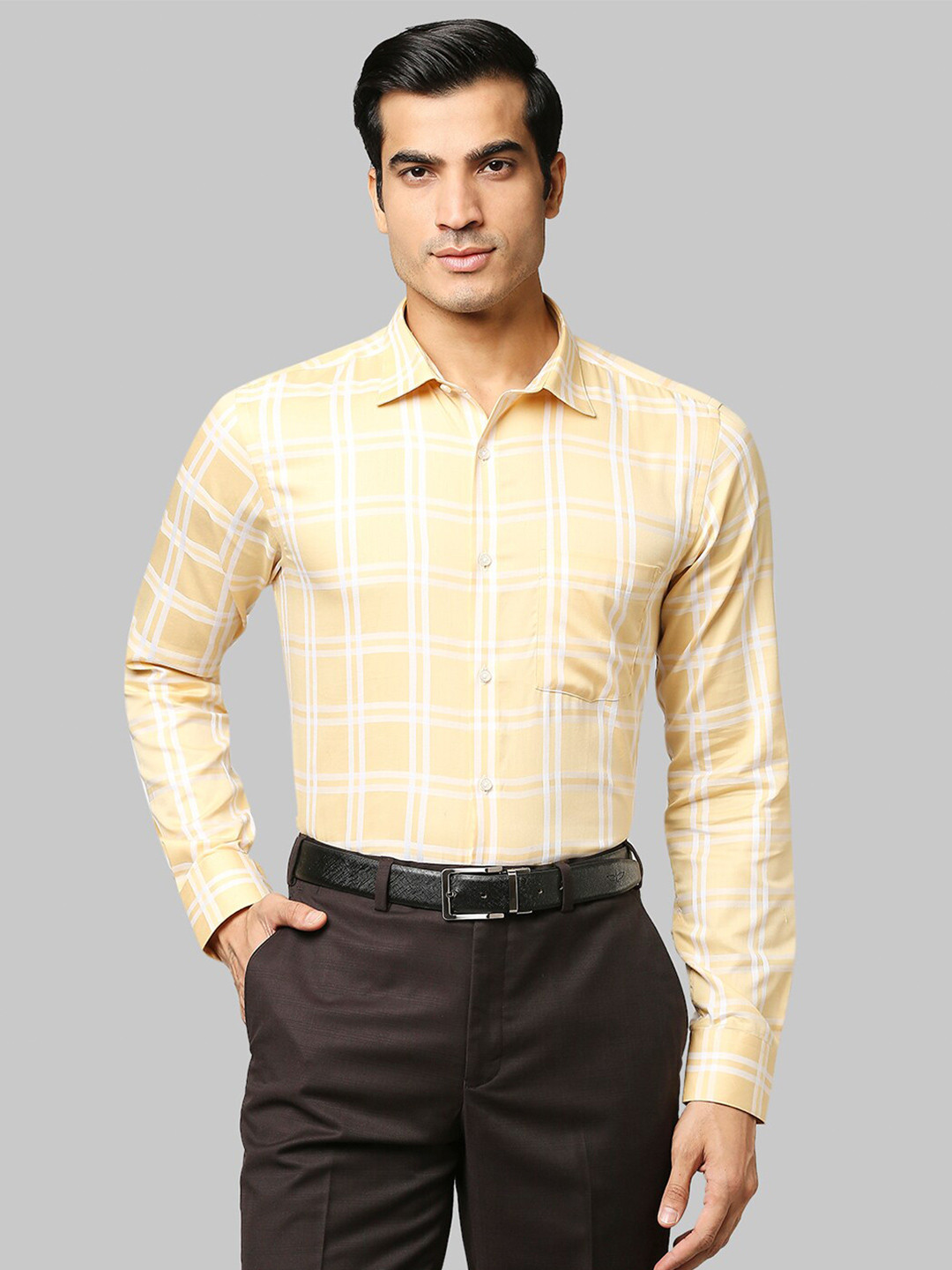 Buy Park Avenue Men Yellow Slim Fit Checked Cotton Formal Shirt