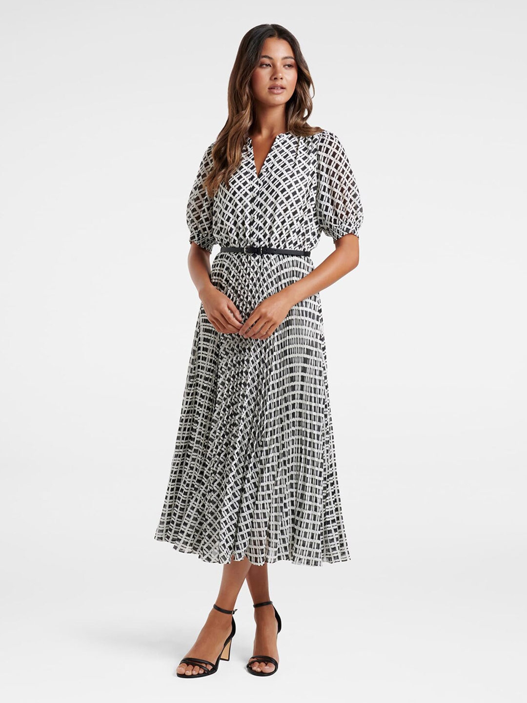 Buy Forever New Black & White Pleated Belted Midi Dress - Dresses for ...