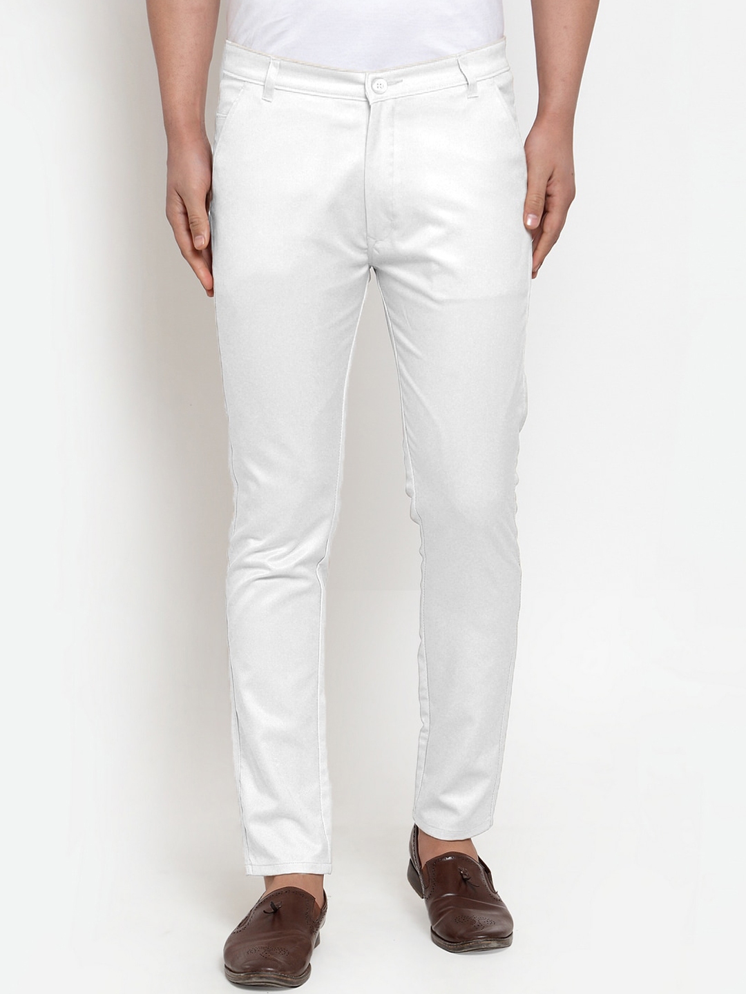 Buy JAINISH Men White Smart Slim Fit Easy Wash Pure Cotton Trousers ...