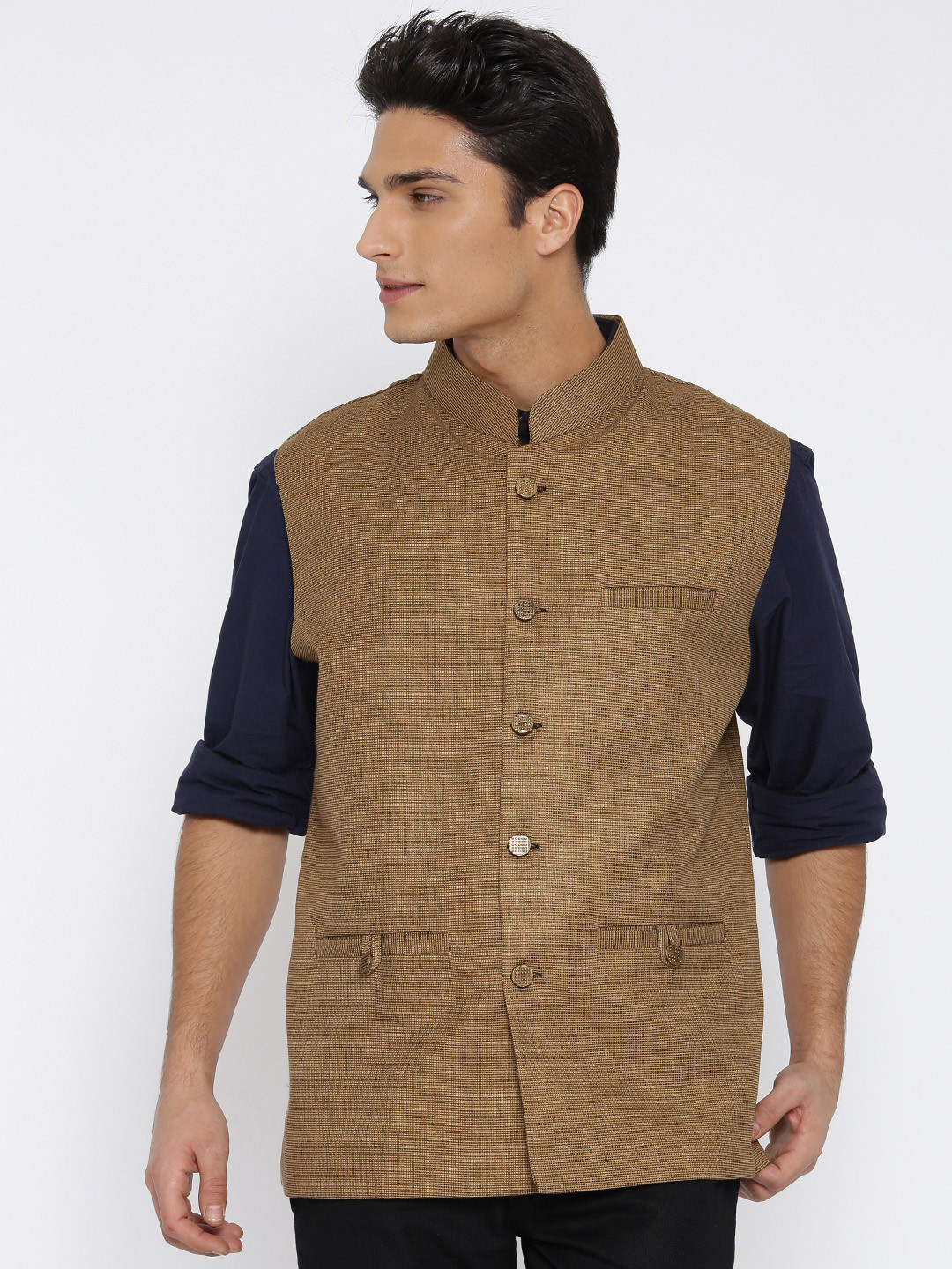 Men's Brown Woven-Design Slim-Fit Nehru Jacket