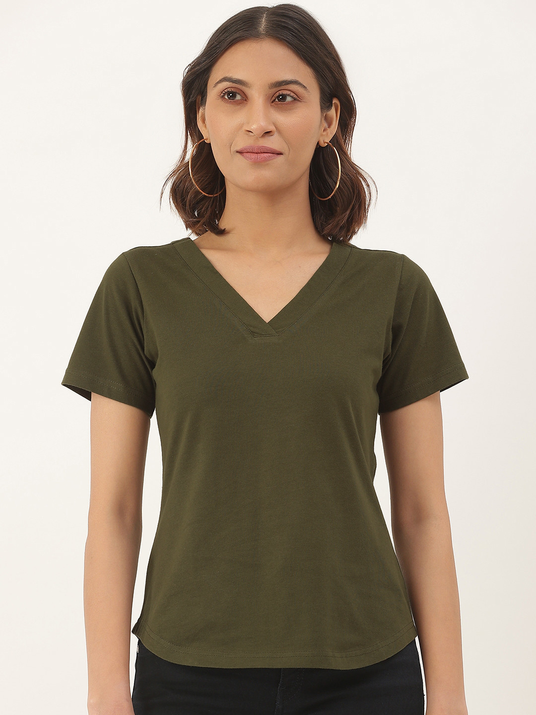 Buy BRINNS Women Olive Green V Neck Cotton T Shirt - Tshirts for Women ...