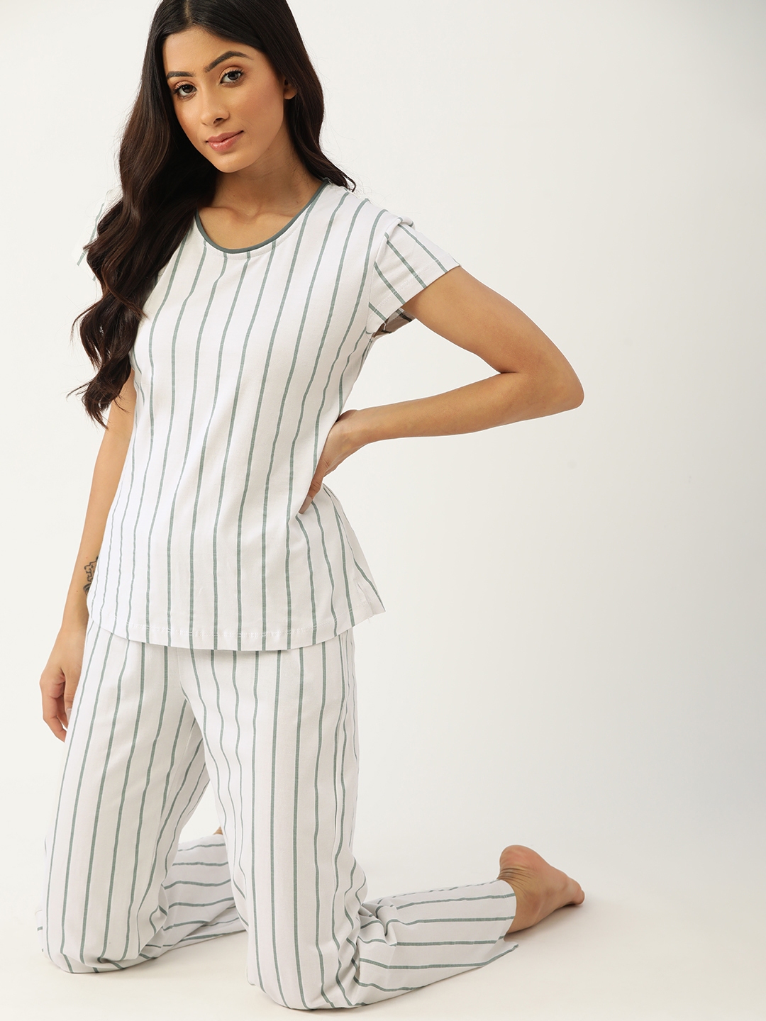 Buy Etc Women White And Grey Pure Cotton Striped Night Suit Night Suits For Women 17439134 Myntra