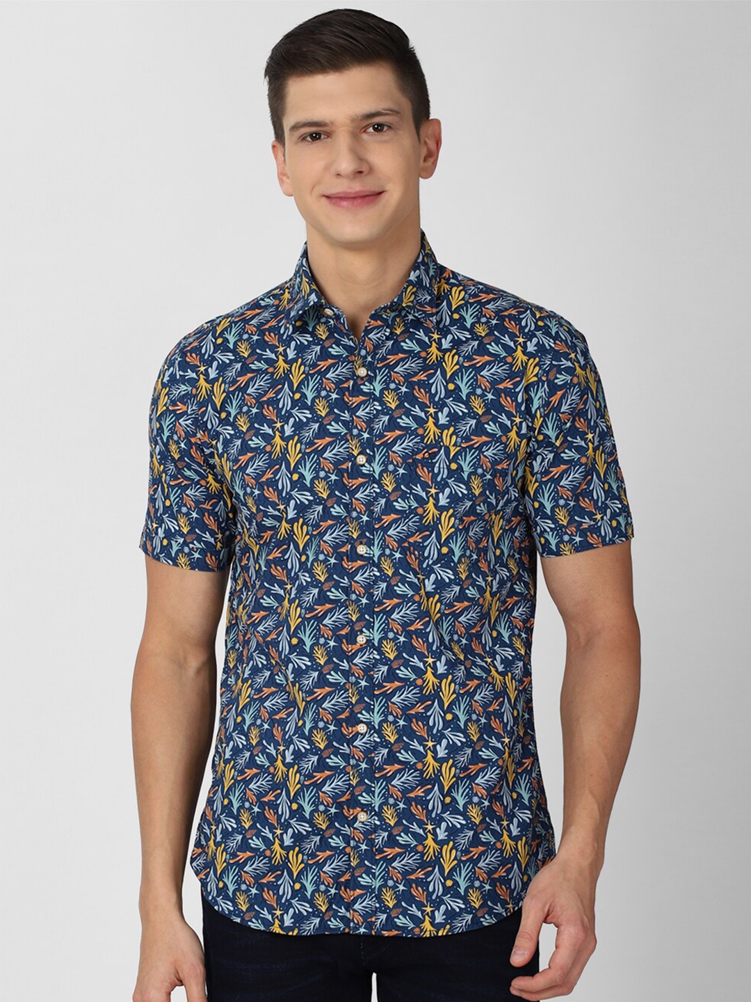 Buy Peter England Casuals Men Blue & Yellow Slim Fit Printed Pure ...