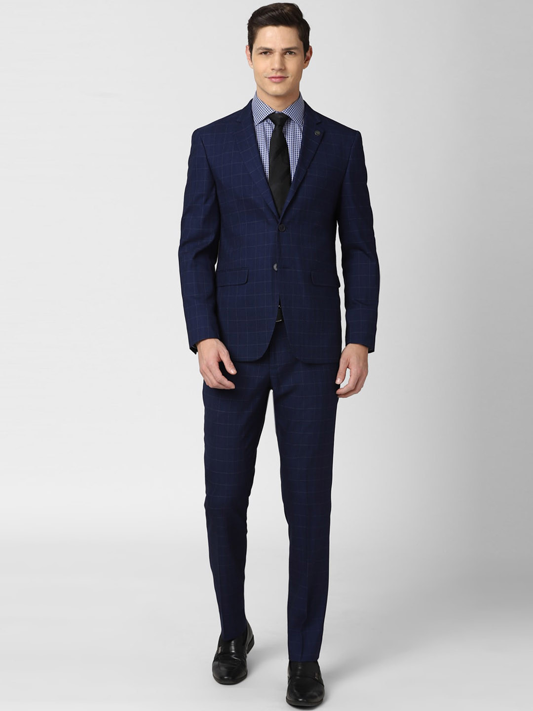 Buy Peter England Elite Men Navy Blue Checked Single Breasted Regular