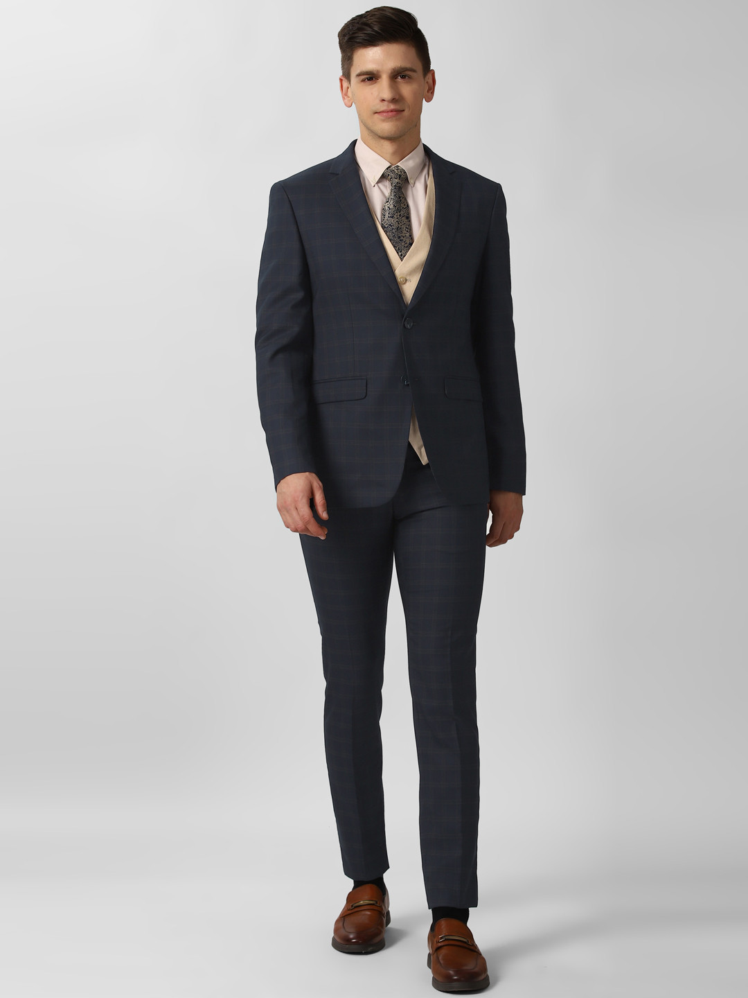 Buy Peter England Elite Men Navy Blue Checked Slim Fit Single Breasted ...