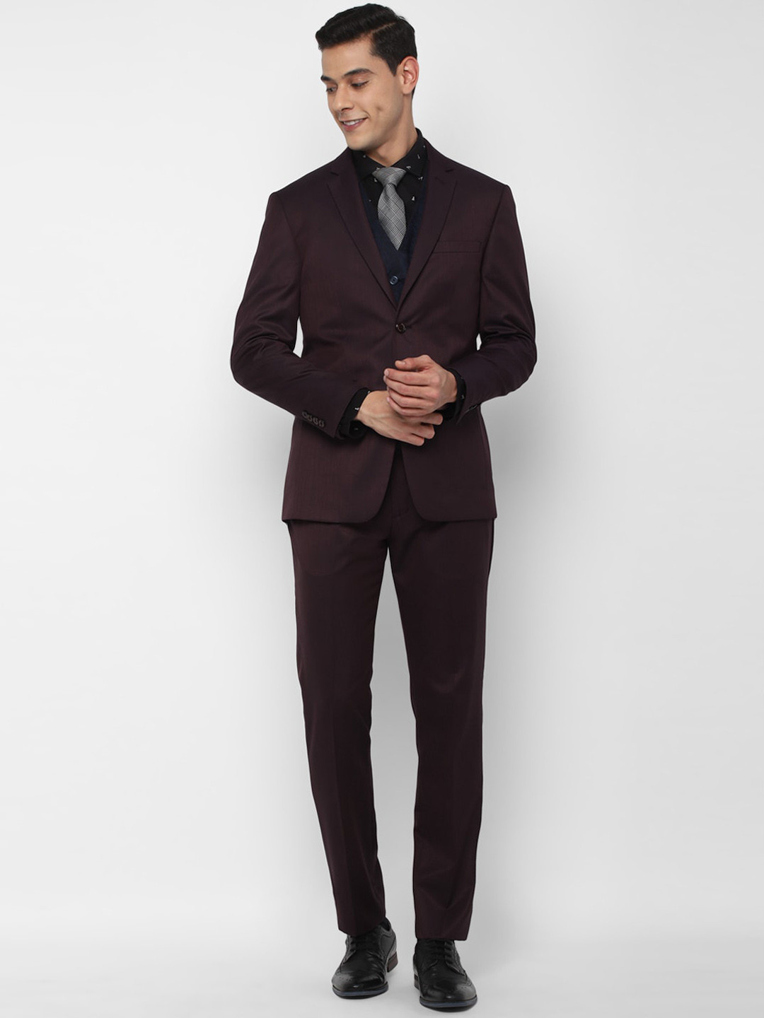 Buy Allen Solly Men Maroon Solid Slim Fit Single Breasted Three Piece