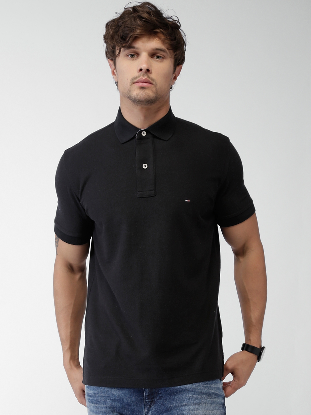 Buy Tommy Hilfiger Men Black Solid Polo Pure Cotton T Shirt - Tshirts ...
