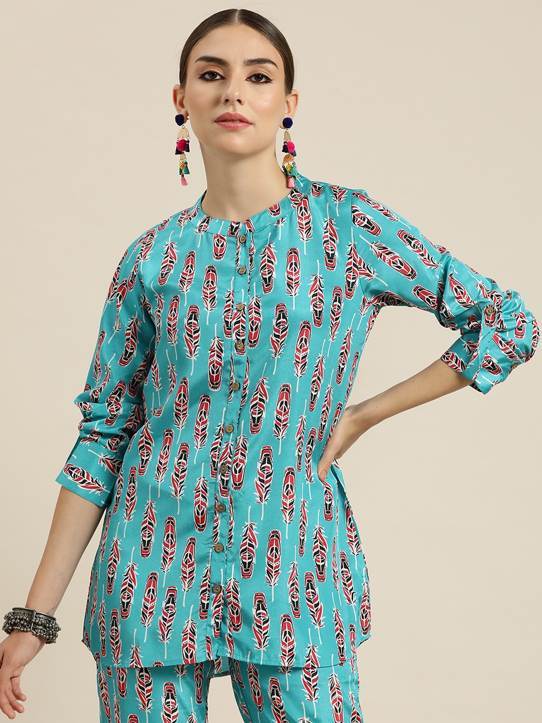 Buy Shae By SASSAFRAS Women Blue & Red Ethnic Printed Casual Shirt ...