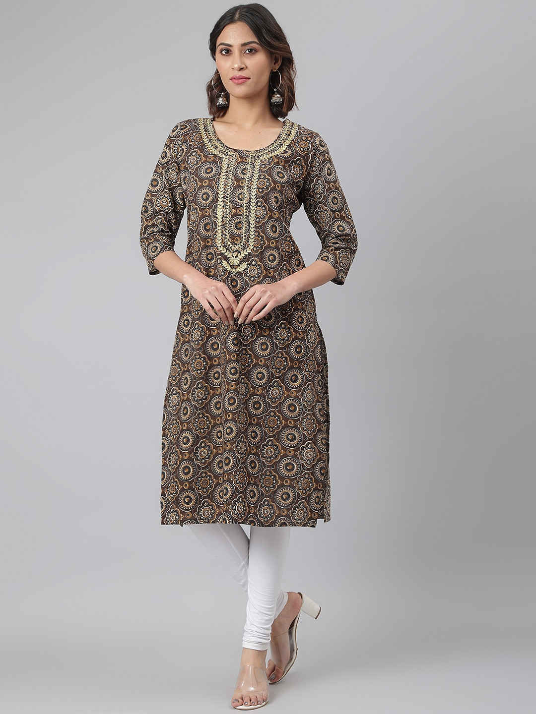 Brown  White Ethnic Motifs Printed Pure Cotton Straight Kurta