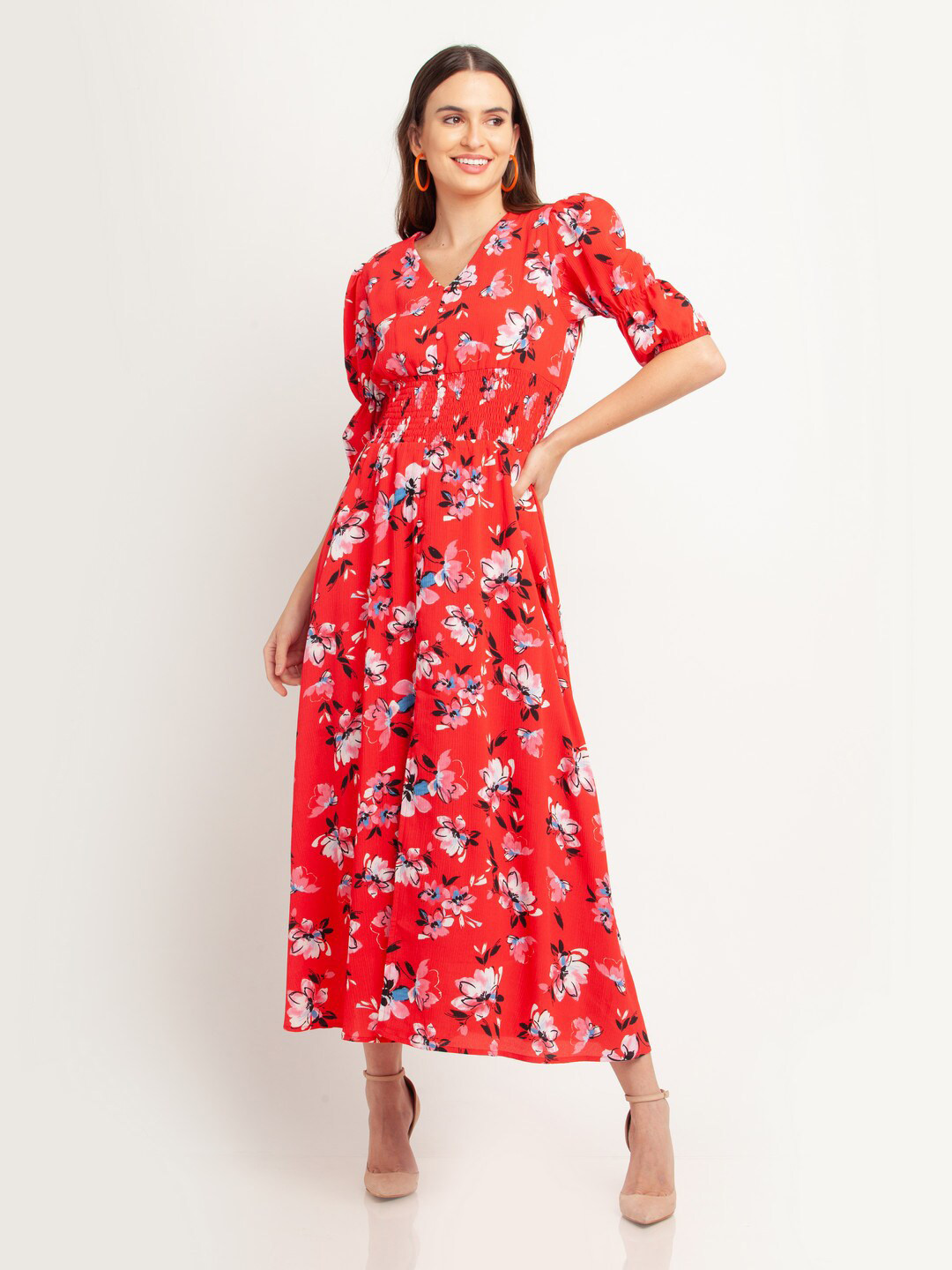 Buy Zink London Red & Blue Floral Smocked Puff Sleeves Maxi Dress ...
