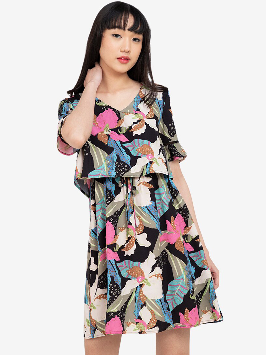 Buy ZALORA BASICS Blue & Pink Floral Layer A Line Mini Dress Dresses
