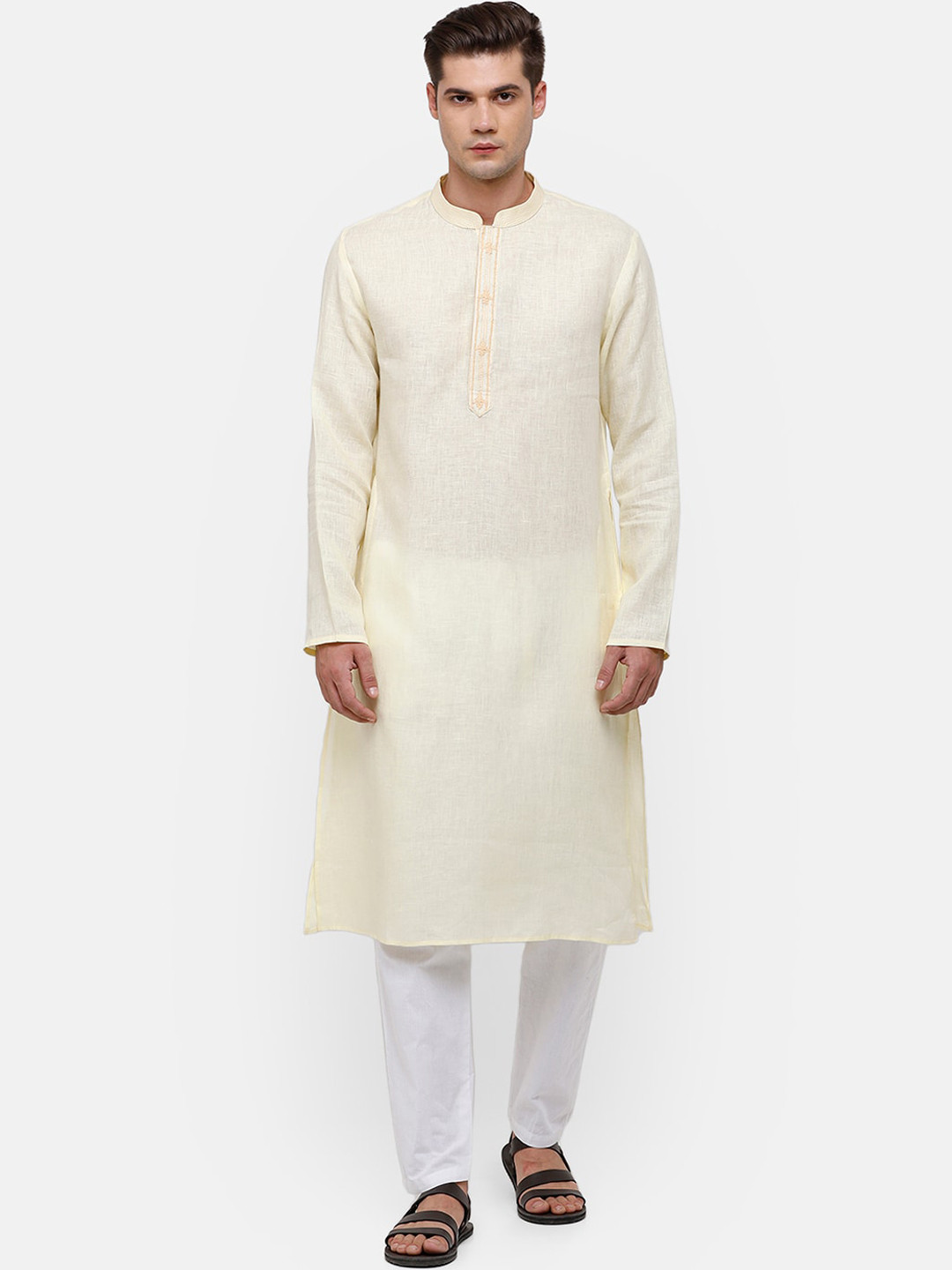 Buy Linen Club Men Cream Coloured Pure Linen Kurta Kurtas for Men