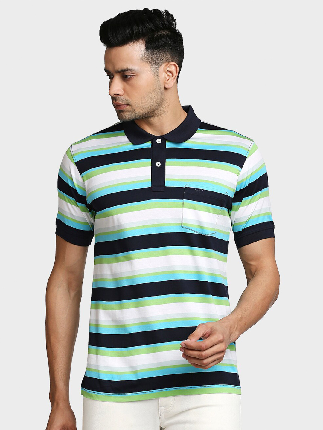 Buy ColorPlus Men Navy Blue & Green Striped Polo Collar T Shirt