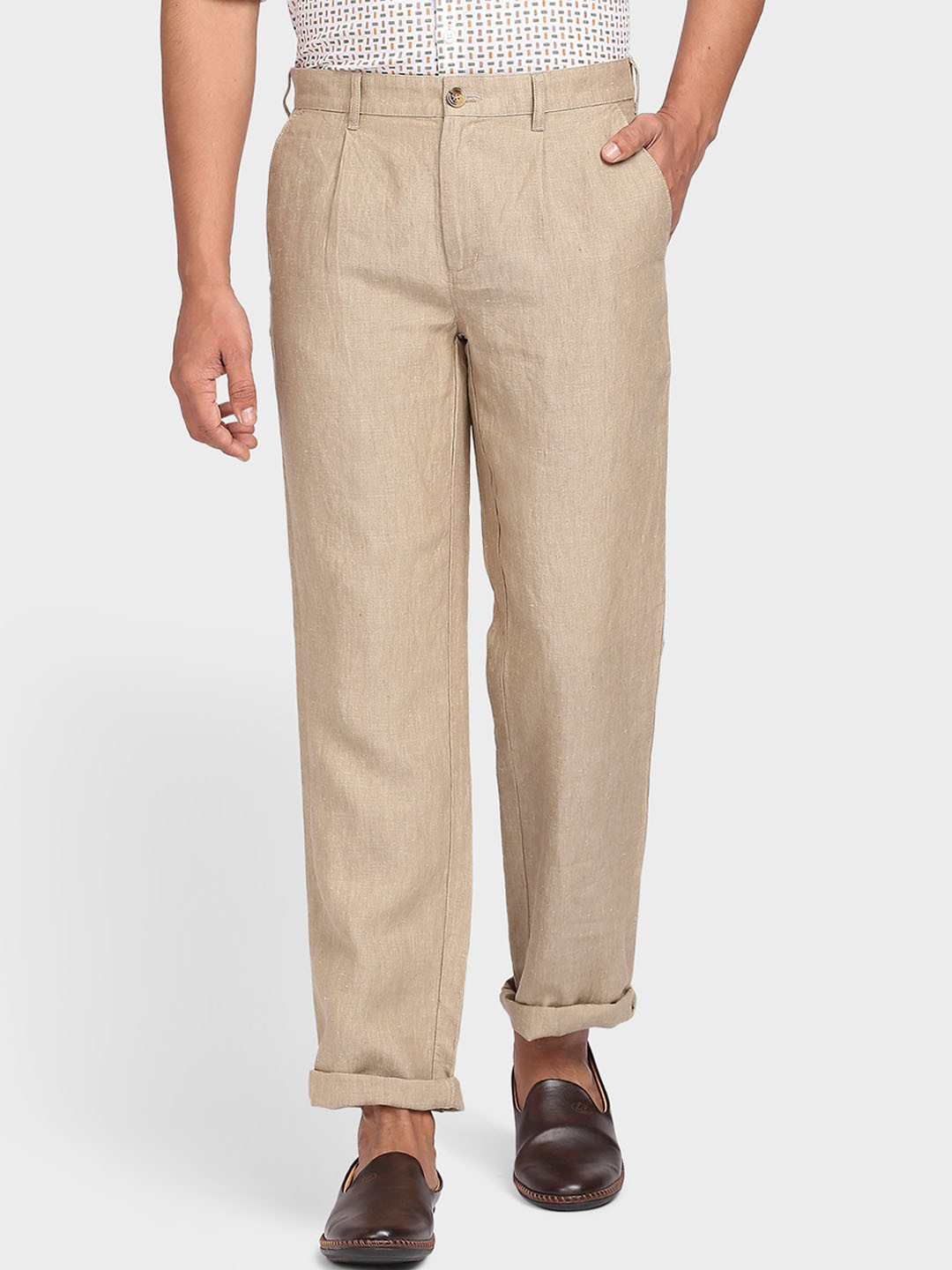 Buy ColorPlus Men Khaki Solid Pleated Linen Trousers Trousers for Men