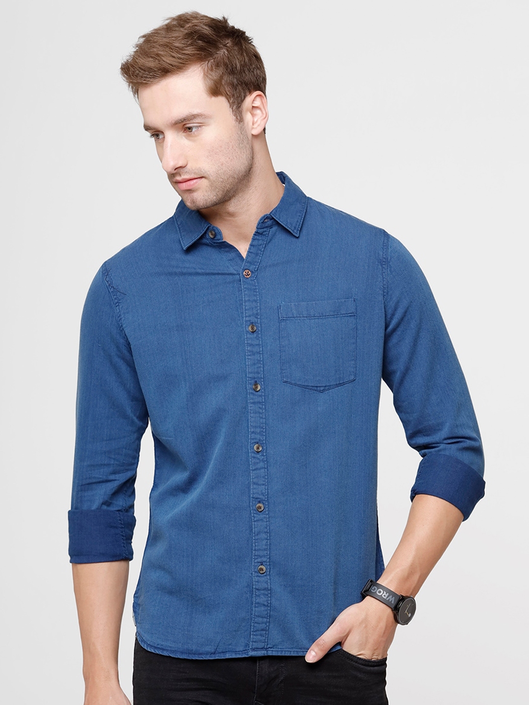 Buy WROGN Men Blue Slim Fit Cotton Casual Shirt - Shirts for Men ...