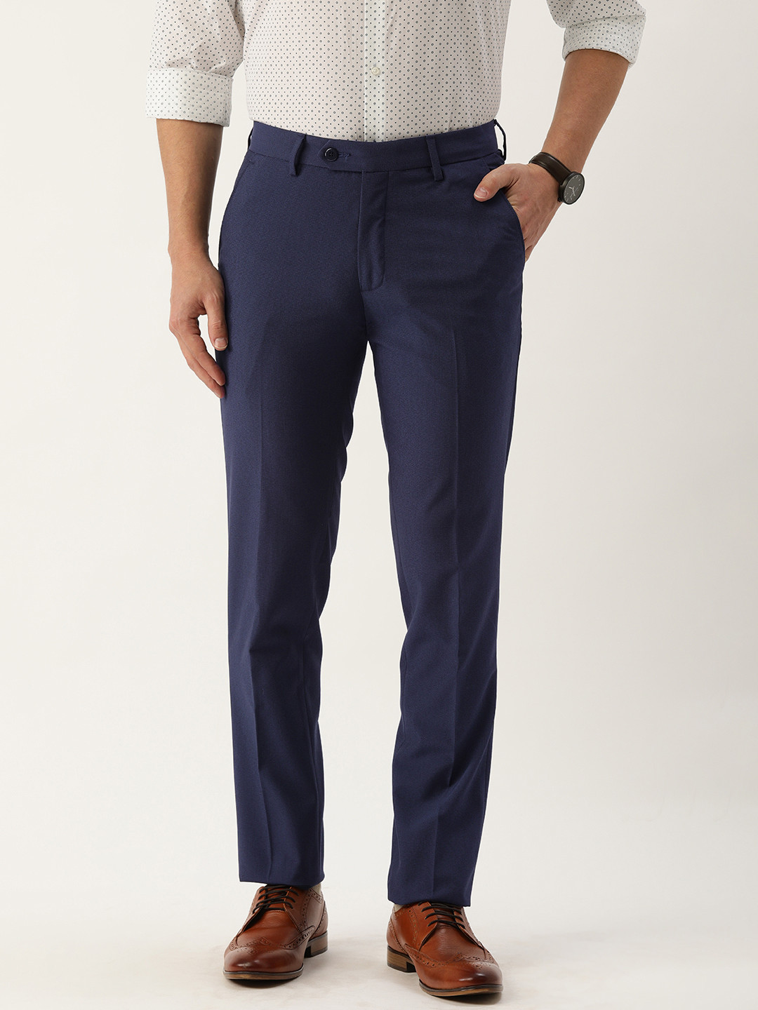 Buy Peter England Men Navy Blue Textured Slim Fit Trousers Trousers