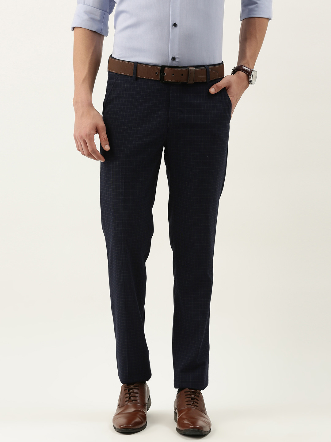 Buy Peter England Men Navy Blue Checked Slim Fit Trousers Trousers