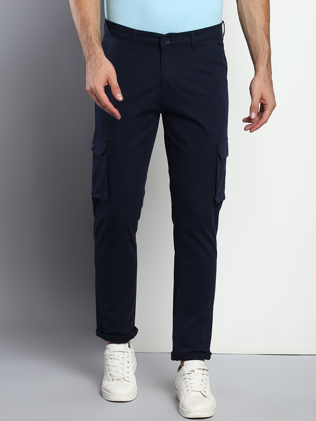 Buy Dennis Lingo Men Navy Blue Tapered Fit Cotton Cargos - Trousers for ...