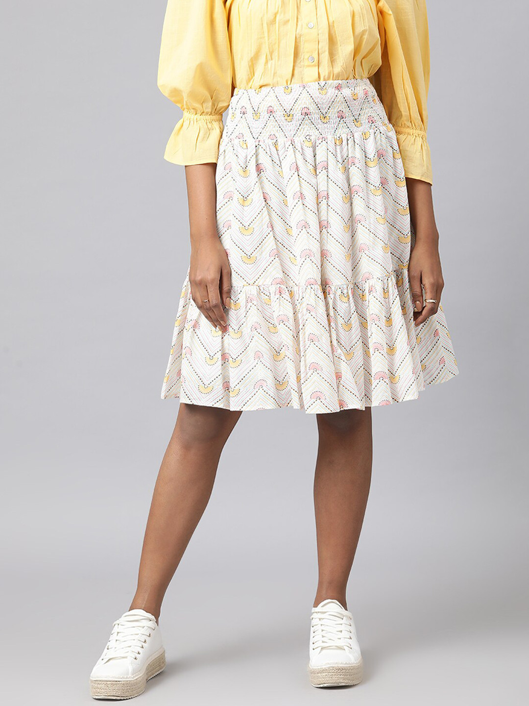 Buy Fabindia Women White Printed Flared Knee Length Cotton Skirt