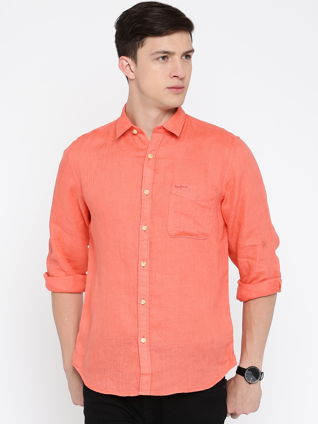 Buy Pepe Jeans Men Coral Pink Linen Casual Shirt - Shirts for Men ...