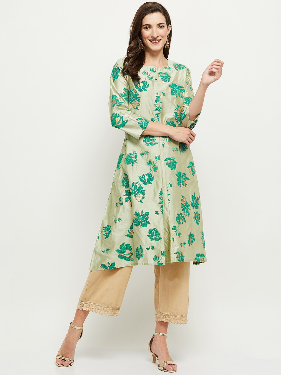 Women Olive Green Floral Printed Cotton Kurti | 3/4 Sleeve Straight Fit Ethnic Kurta for Daily Wear main image 0