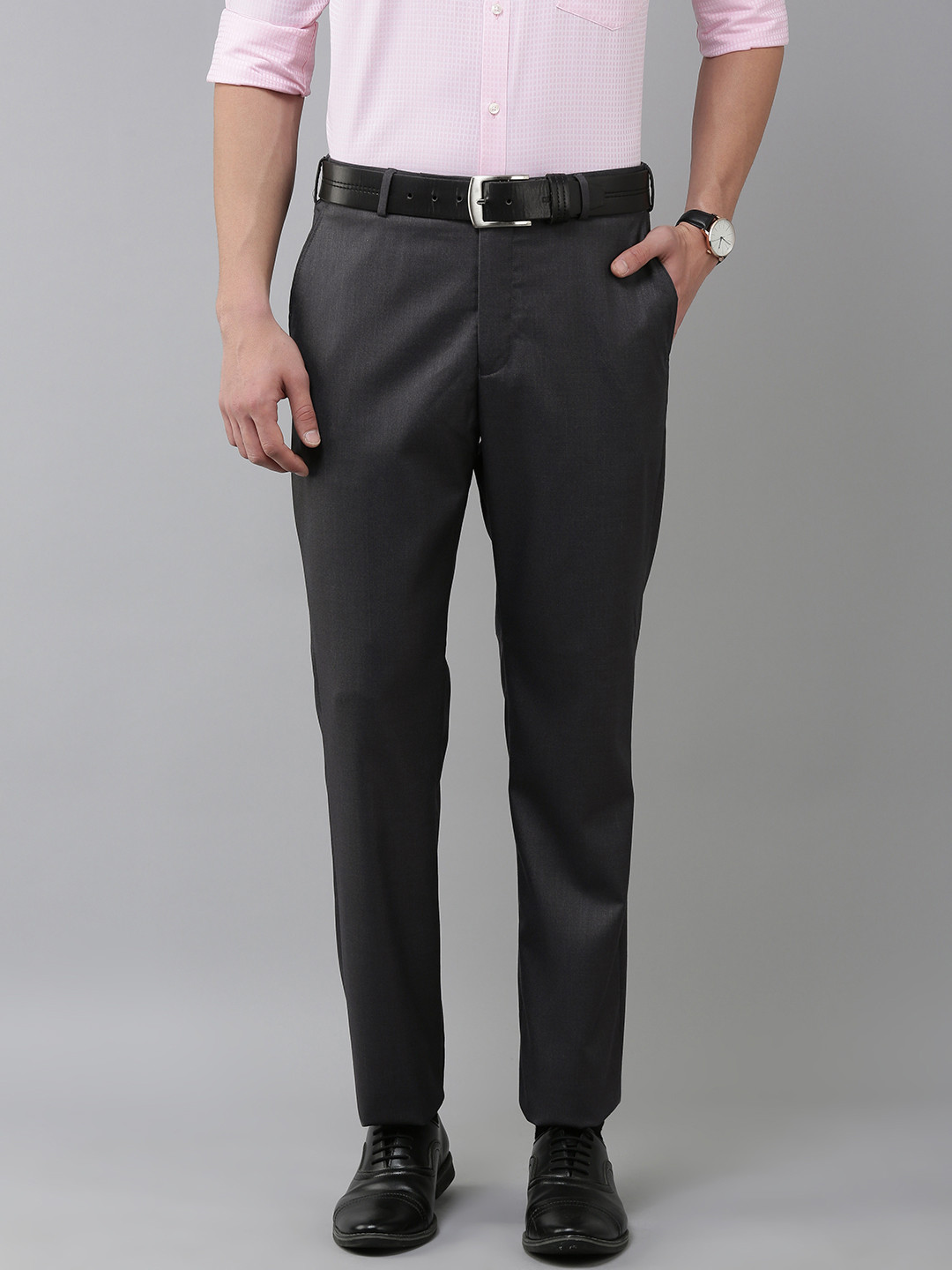 Buy Park Avenue Men Charcoal Grey Solid Smart Regular Fit Mid Rise ...