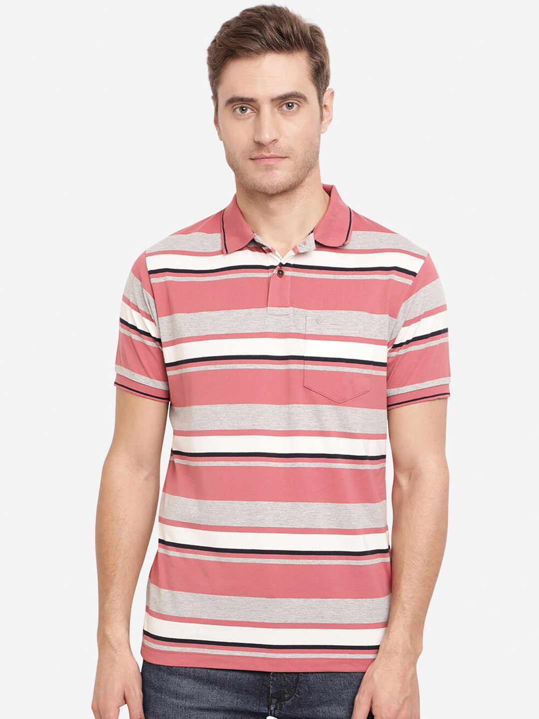 Men’s Striped Pattern Pink, Gray Polo T-shirt