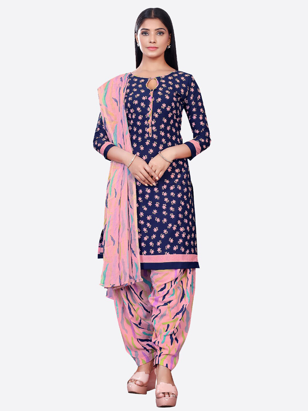 Buy SALWAR STUDIO Blue & Pink Printed Unstitched Dress Material Dress