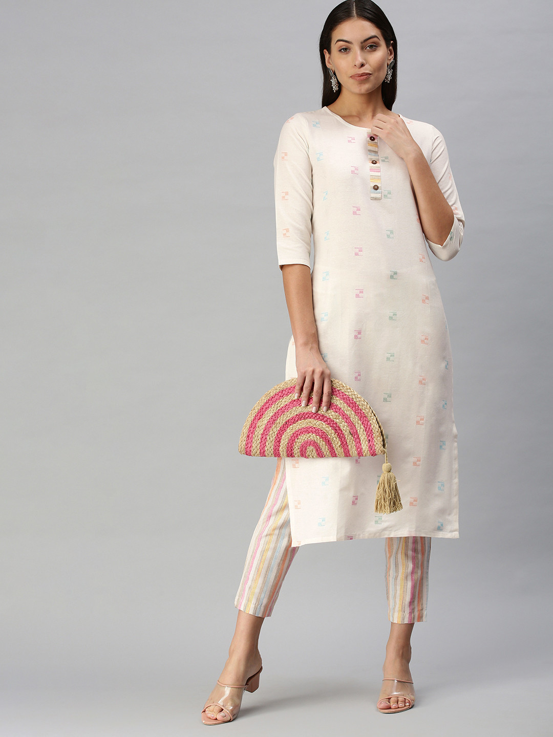 Women's White Geometrical Kaftan Kurta