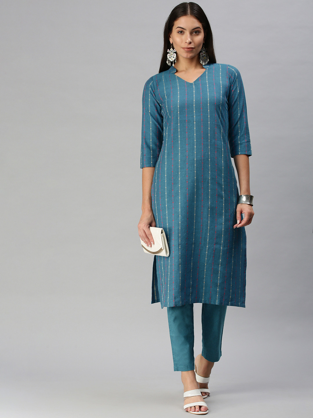 Buy KALINI Women Blue Pure Cotton Geometric Woven Design Kurta With Trousers Kurta Sets For 