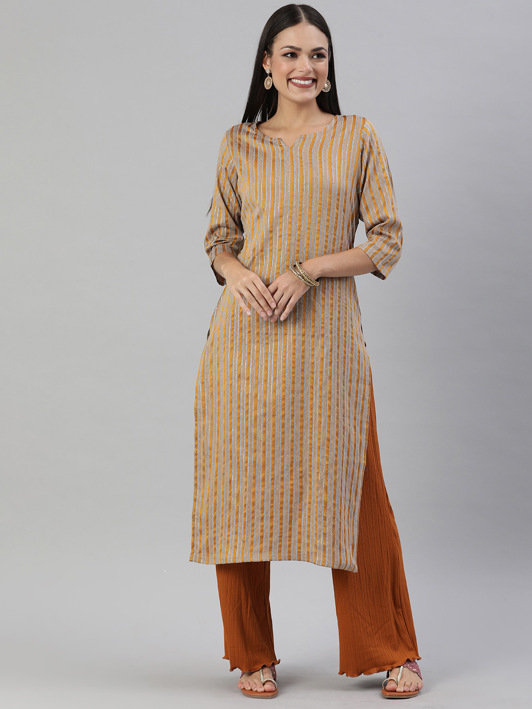 Buy KALINI Women Mustard Yellow & Brown Striped Straight Kurta Kurtas