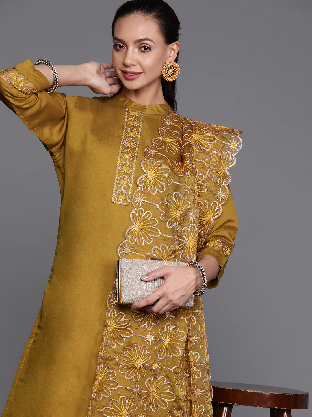 Indo Era Mustard Embroidered Straight Kurta Palazzos With Dupatta Set
