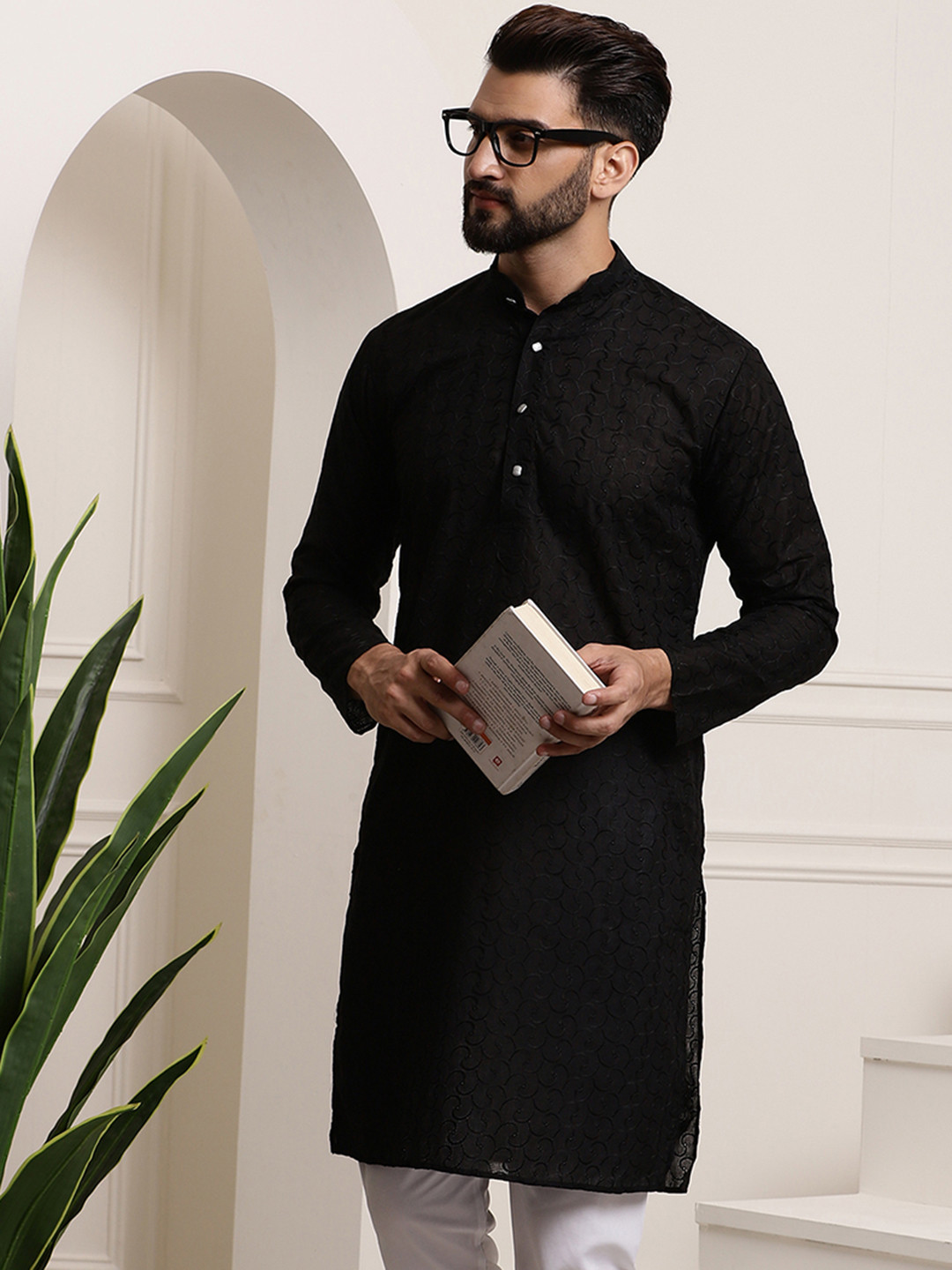 Men’s Black Magna Fabric Kurta with Red Thread, Moti & Cut-Dana Handwork