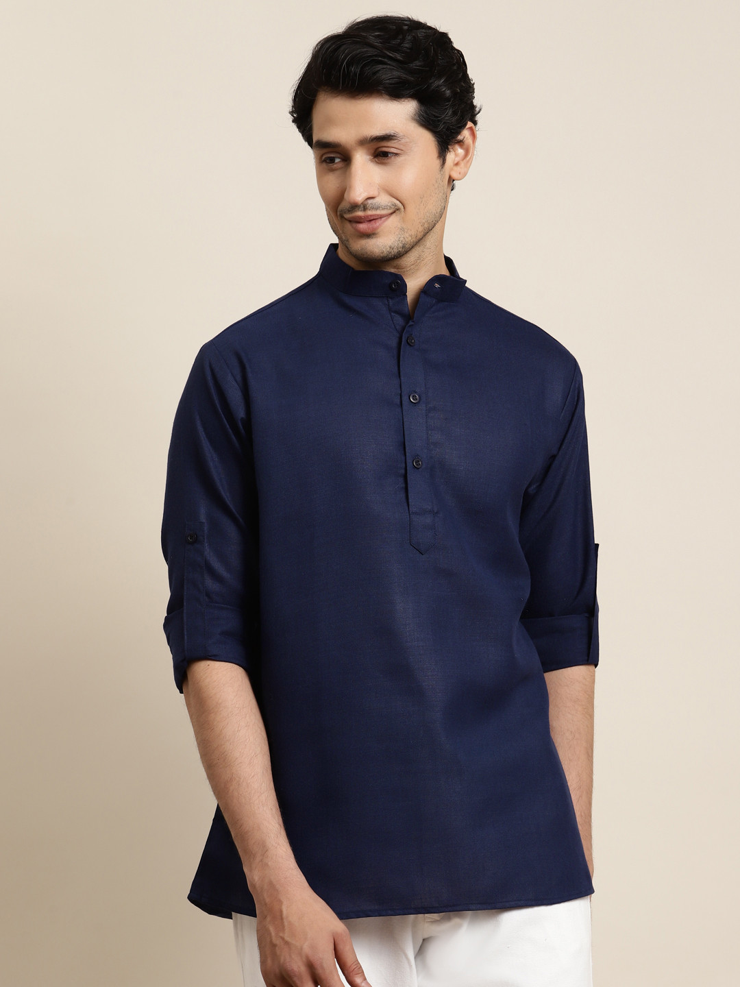 Buy Anug By SOJANYA Men Navy Blue Mandarin Collar Kurta Kurtas for
