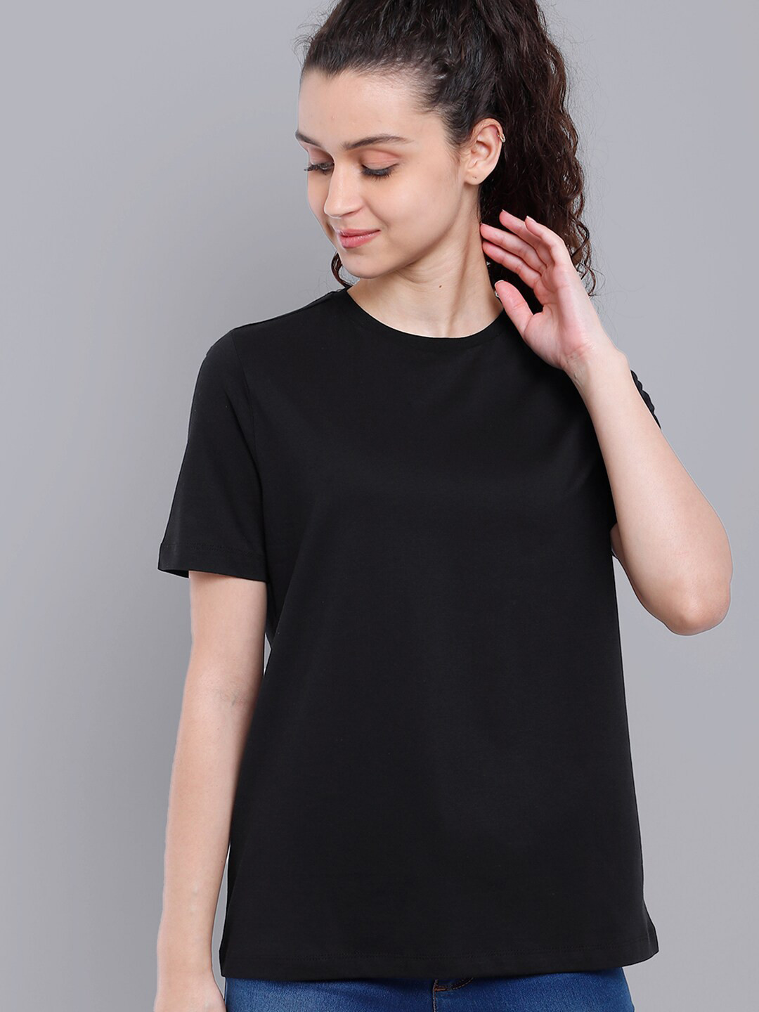 Buy Free Authority Women Black Loose Fit Cotton T Shirt Tshirts for