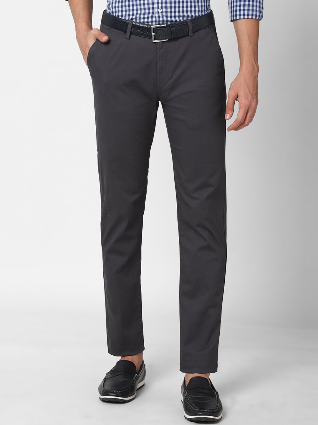 Buy Peter England Casuals Men Grey Solid Slim Fit Trousers - Trousers ...